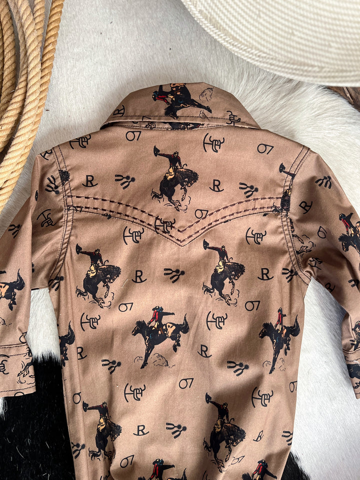 Kid's Vintage Bronc Brown Long Sleeve Romper | gussieduponline