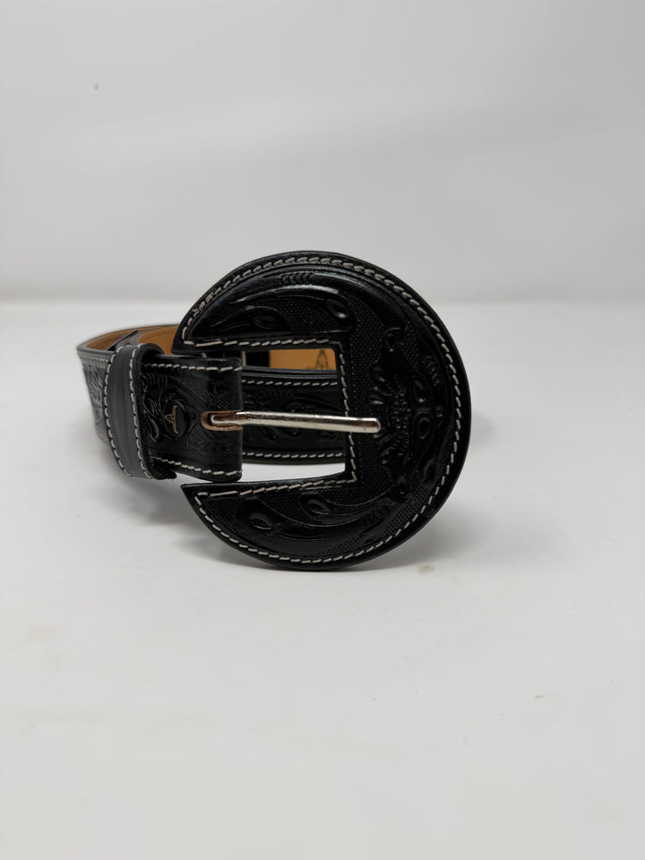 Black Tooled Western Leather Belt w/ Round Leather Buckle