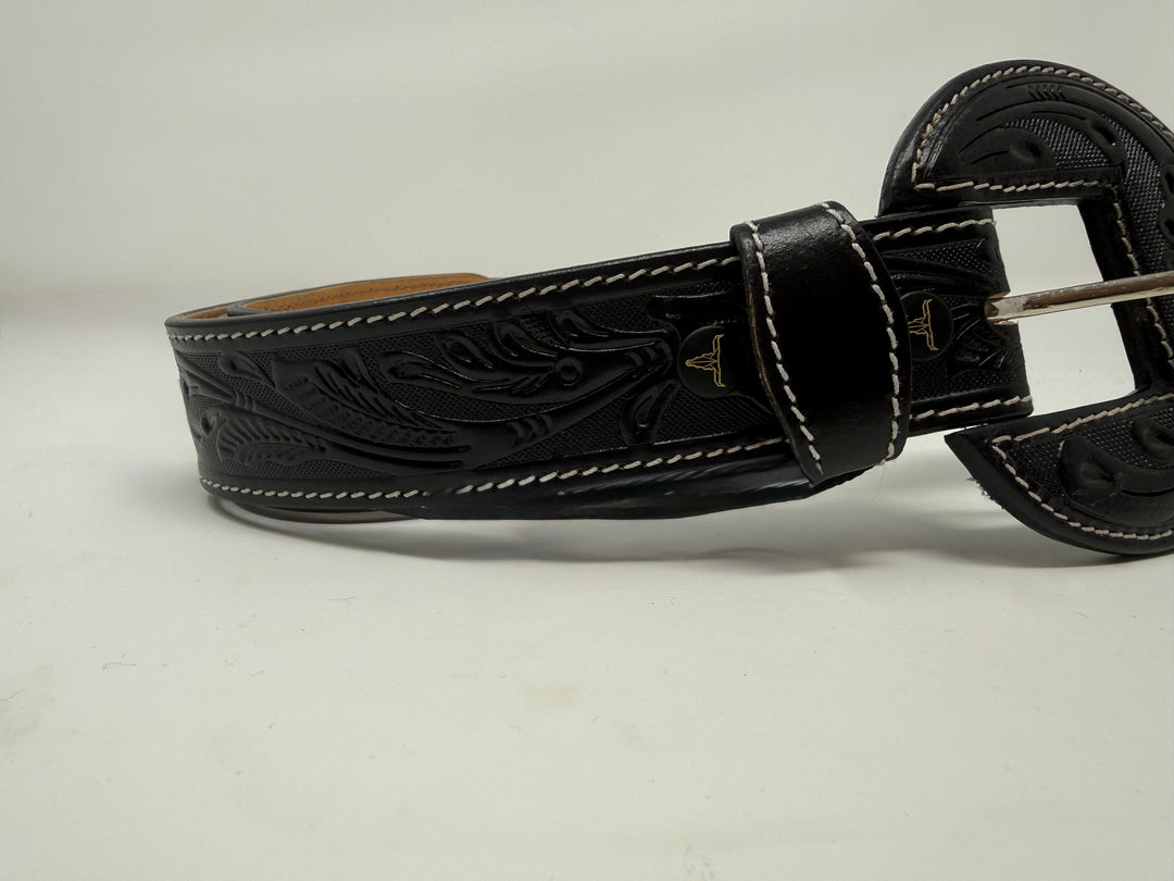 Black Tooled Western Leather Belt w/ Round Leather Buckle