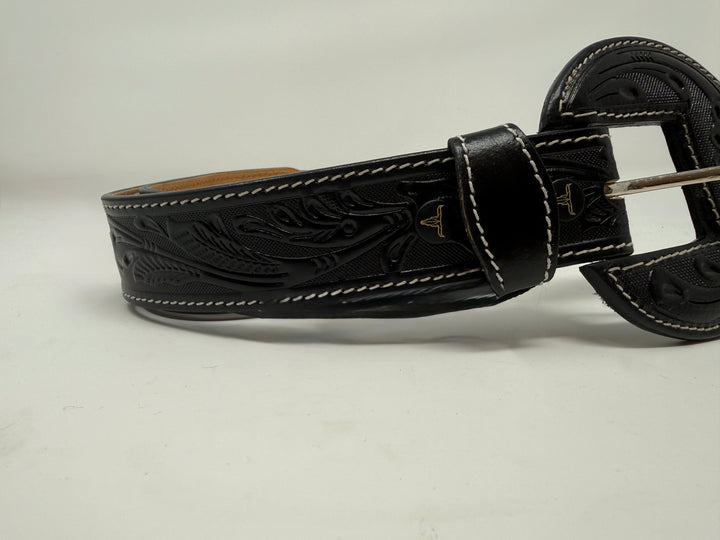Black Tooled Western Leather Belt w/ Round Leather Buckle
