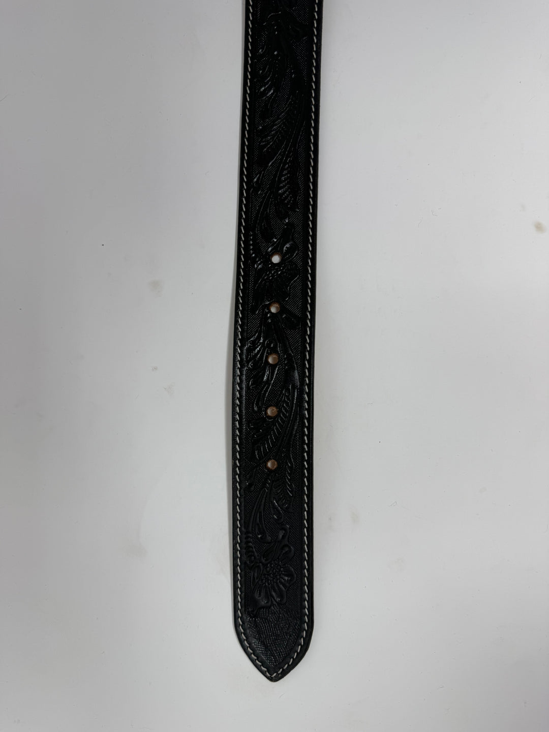 Black Tooled Western Leather Belt w/ Round Leather Buckle