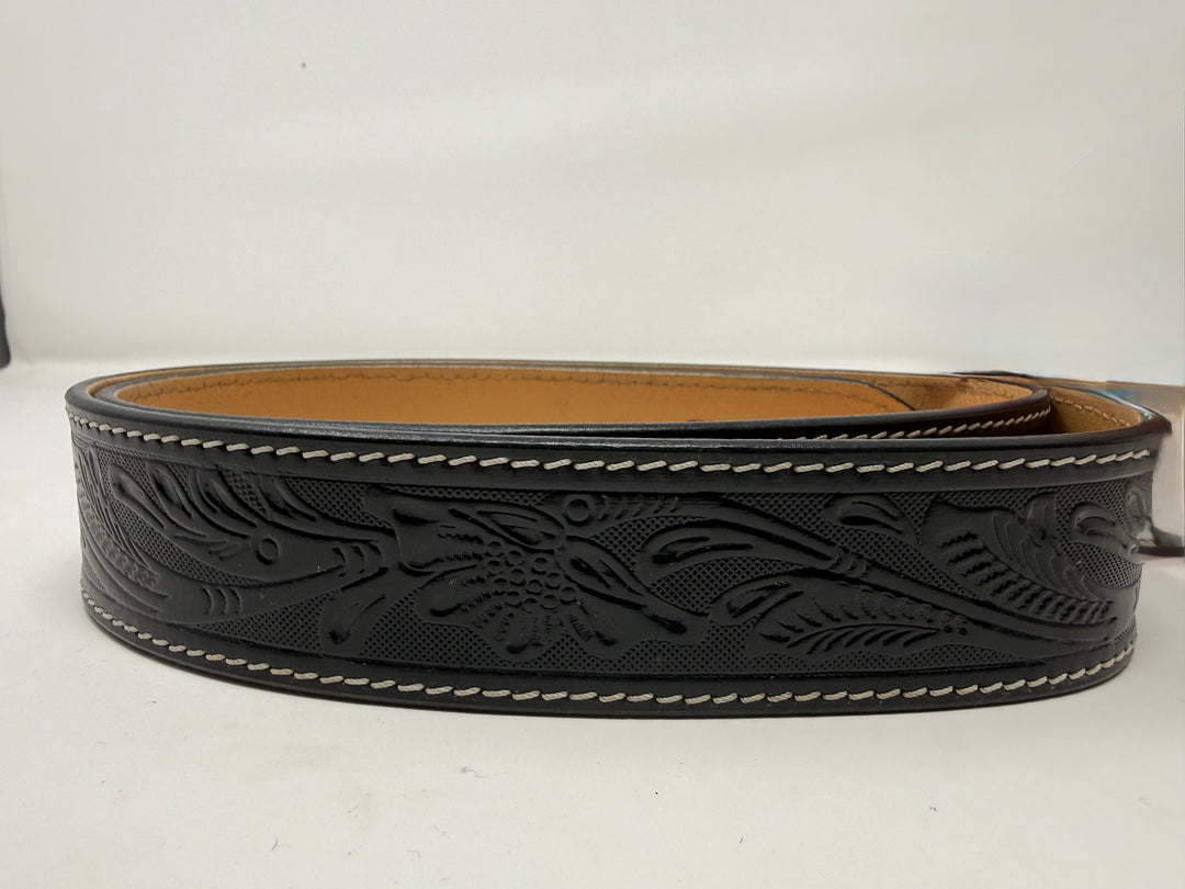 Black Floral Tooled Western Leather Belt w/ Square Leather Buckle