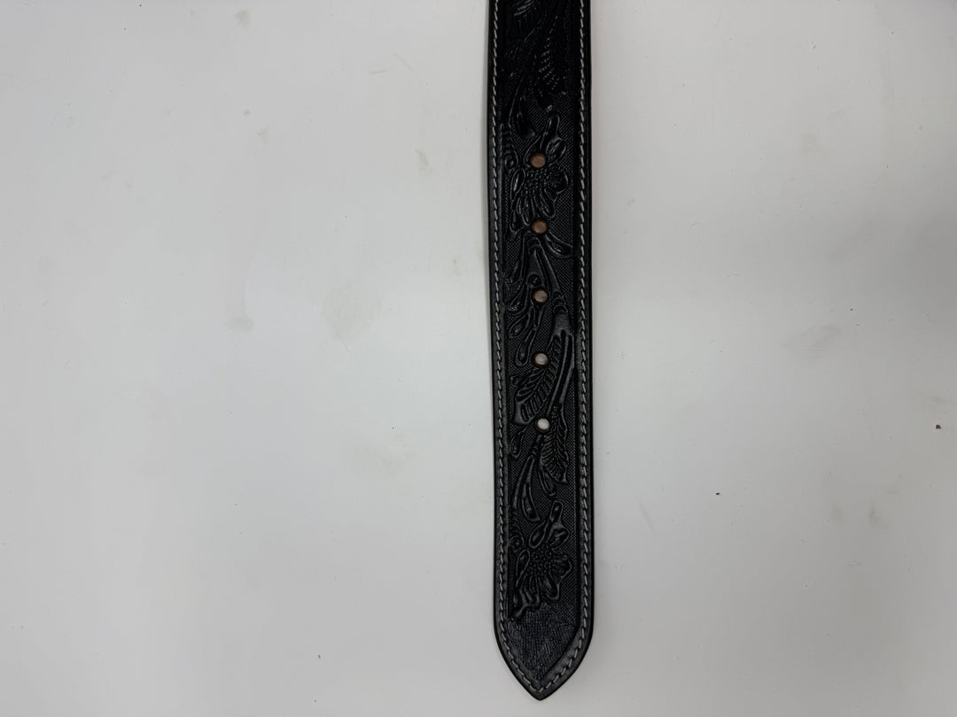 Black Floral Tooled Western Leather Belt w/ Square Leather Buckle