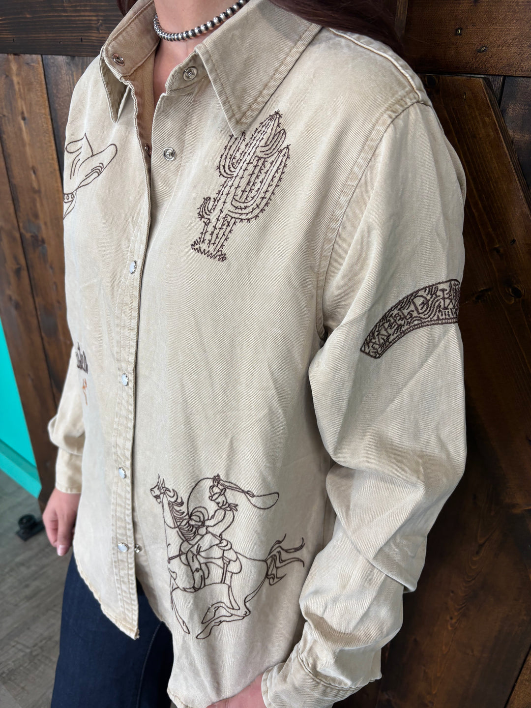 Taupe Western Embroidered Snap Button Top