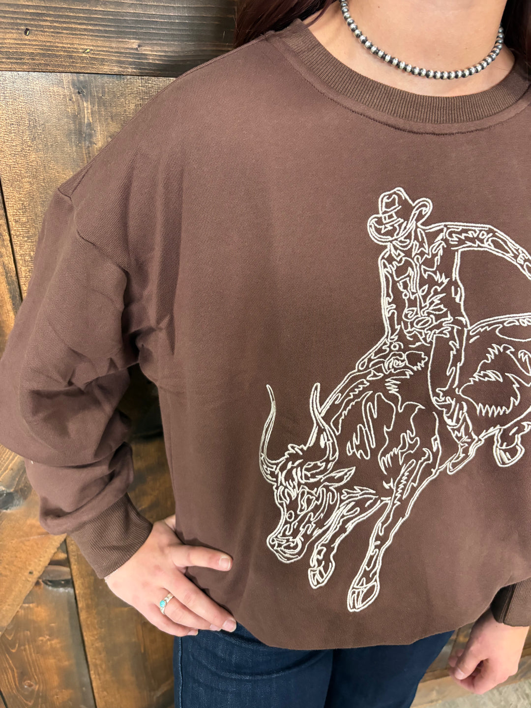Dark Brown Embroidered Bull Riding Western Motif Sweatshirt
