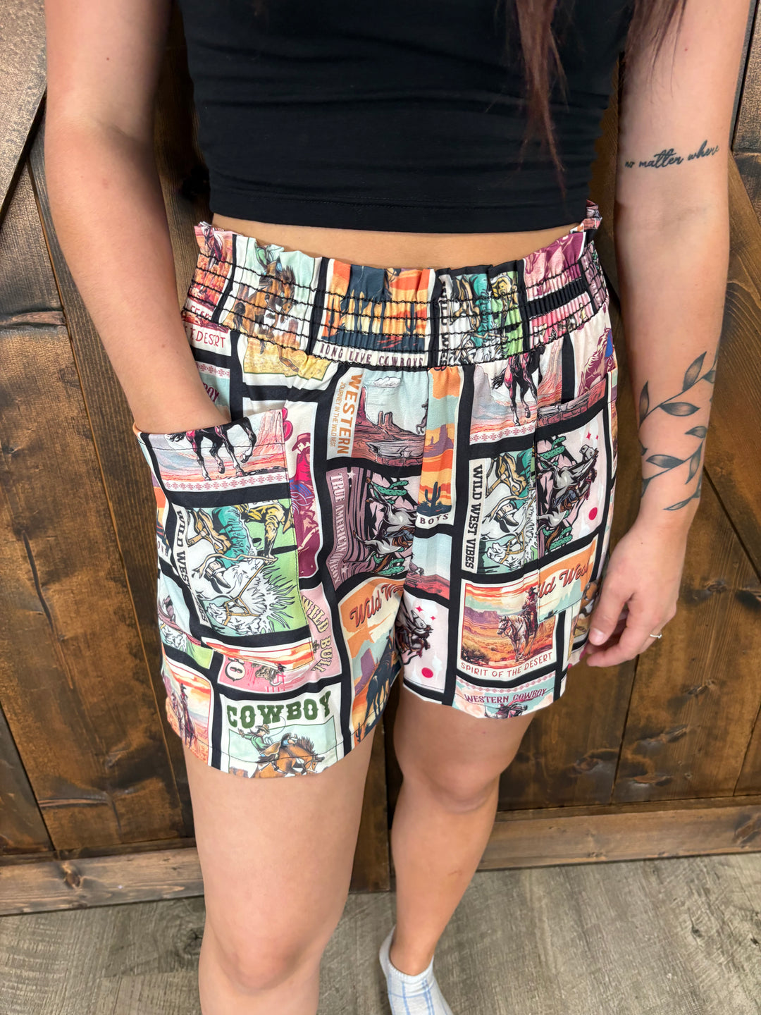 Vintage Western Print Smock Woven Shorts