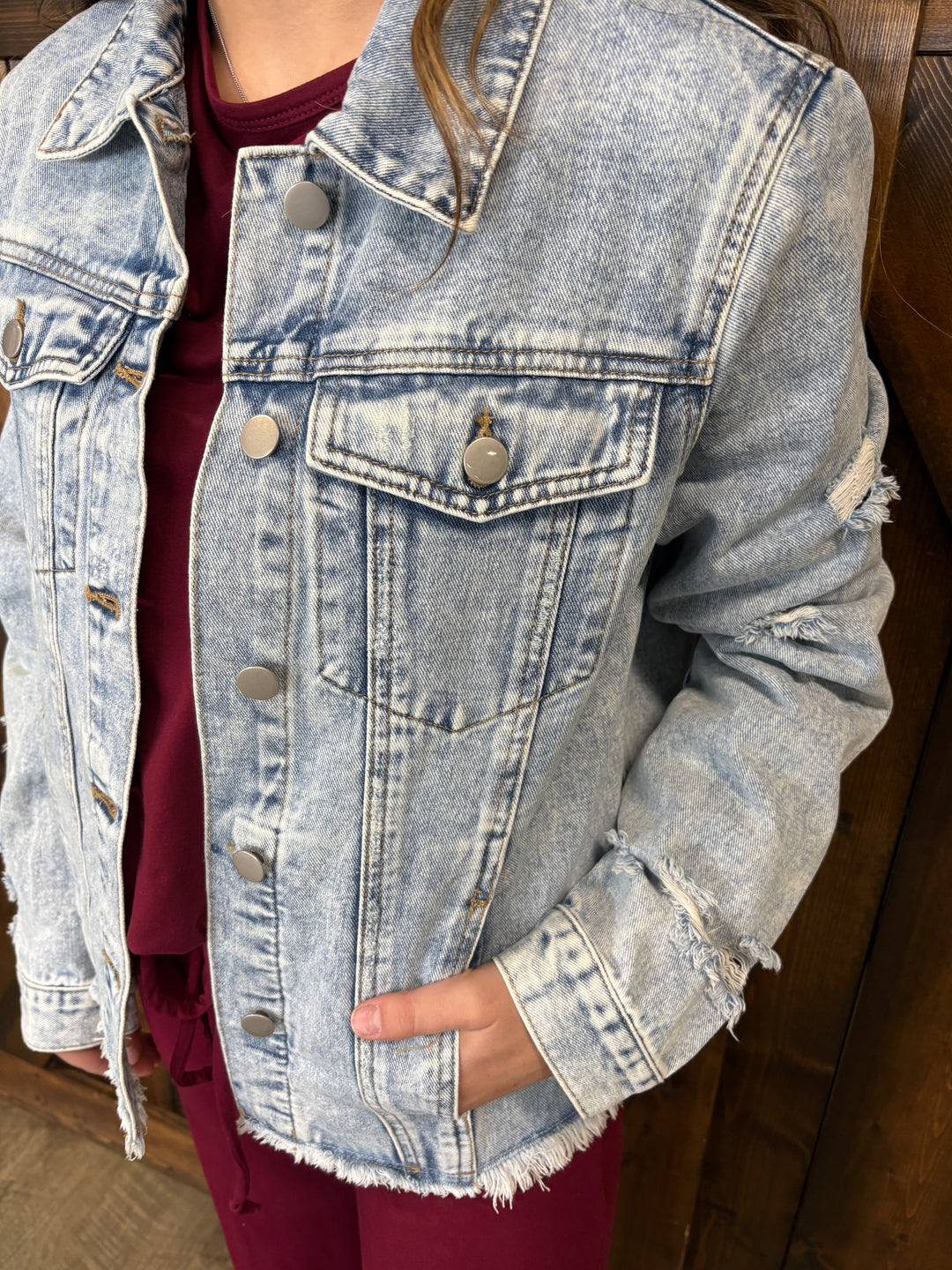 Distressed Raw Hem Denim Jacket