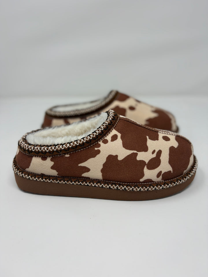 Very G Georgina Cream & Tan Cow Print Slippers
