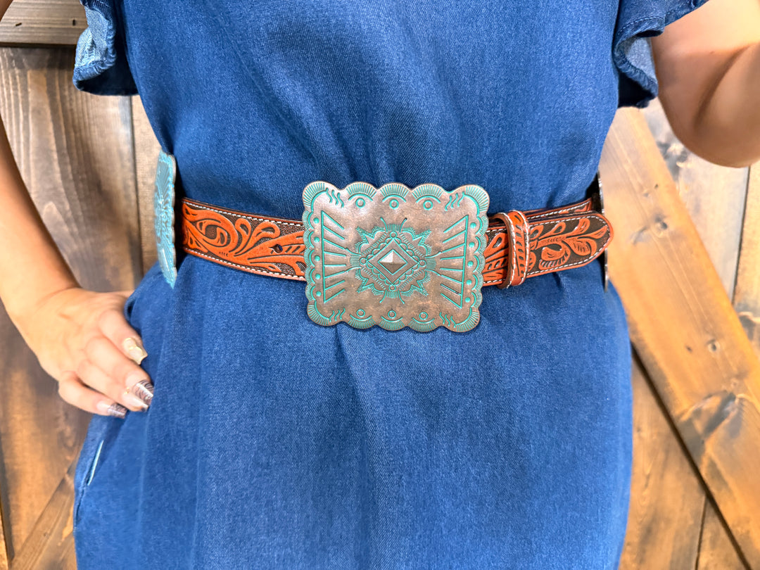 Brown Tooled Genuine Leather Bronze Concho Belt