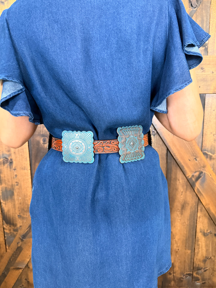 Brown Tooled Genuine Leather Bronze Concho Belt