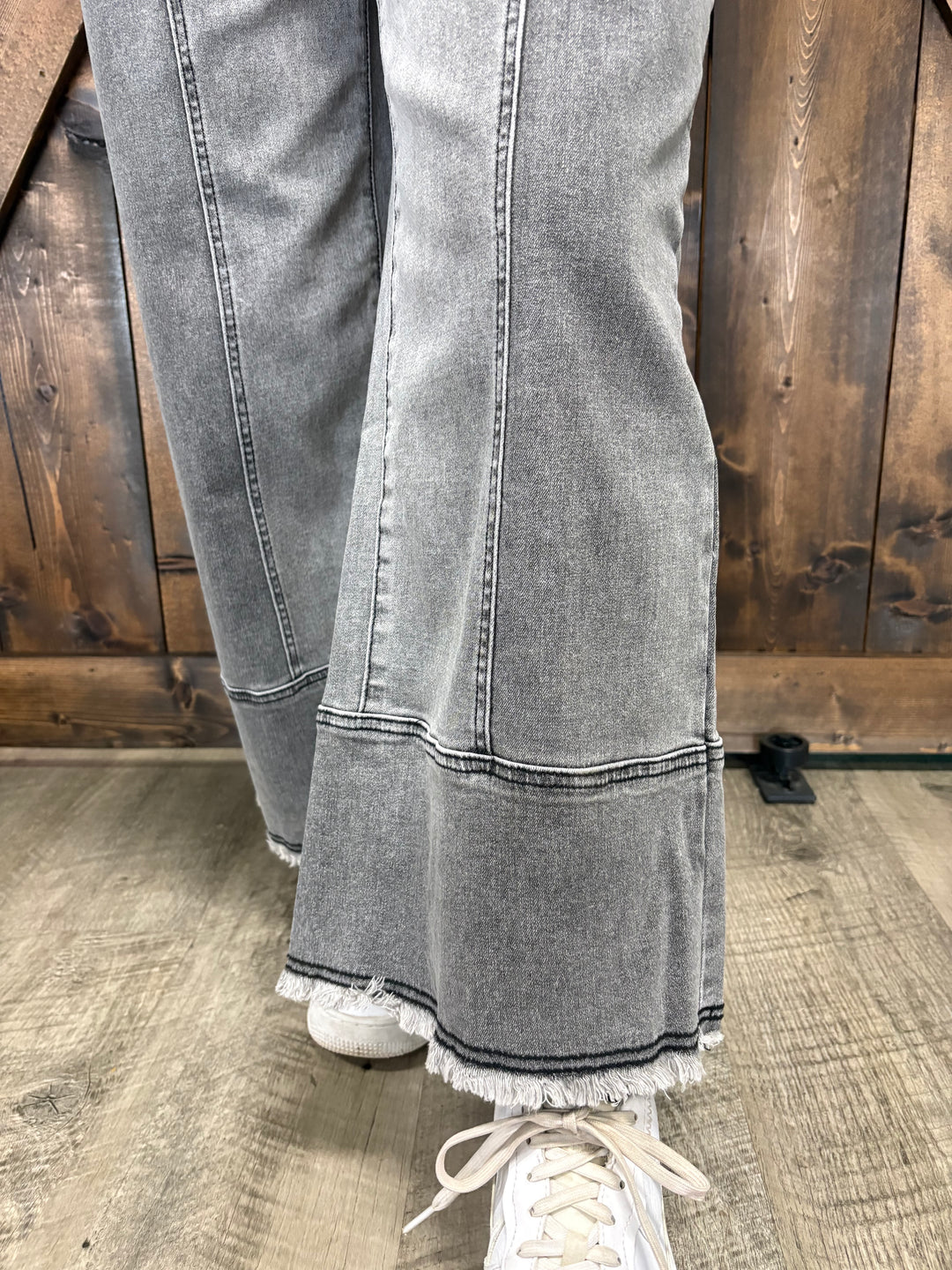 Grey Denim Raw Hem Seam Detail Wide Leg Pants