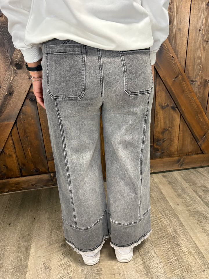 Grey Denim Raw Hem Seam Detail Wide Leg Pants