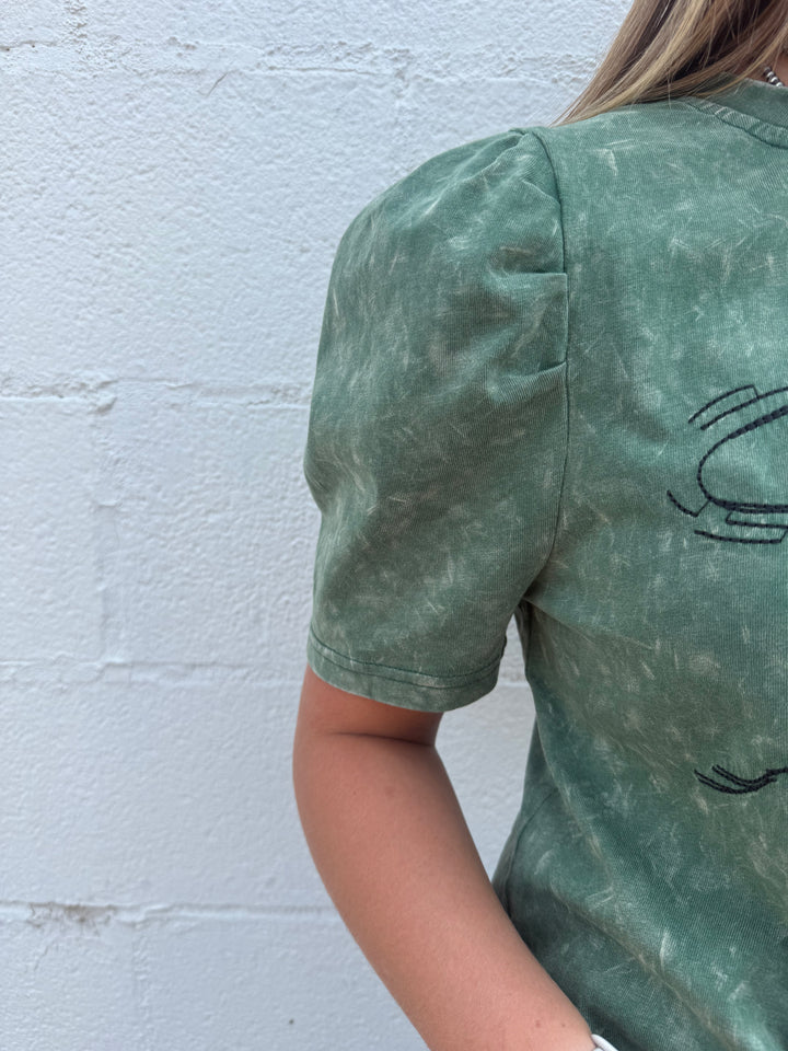 Green Olive Mineral Wash Cowboy Embroidered Puff Top