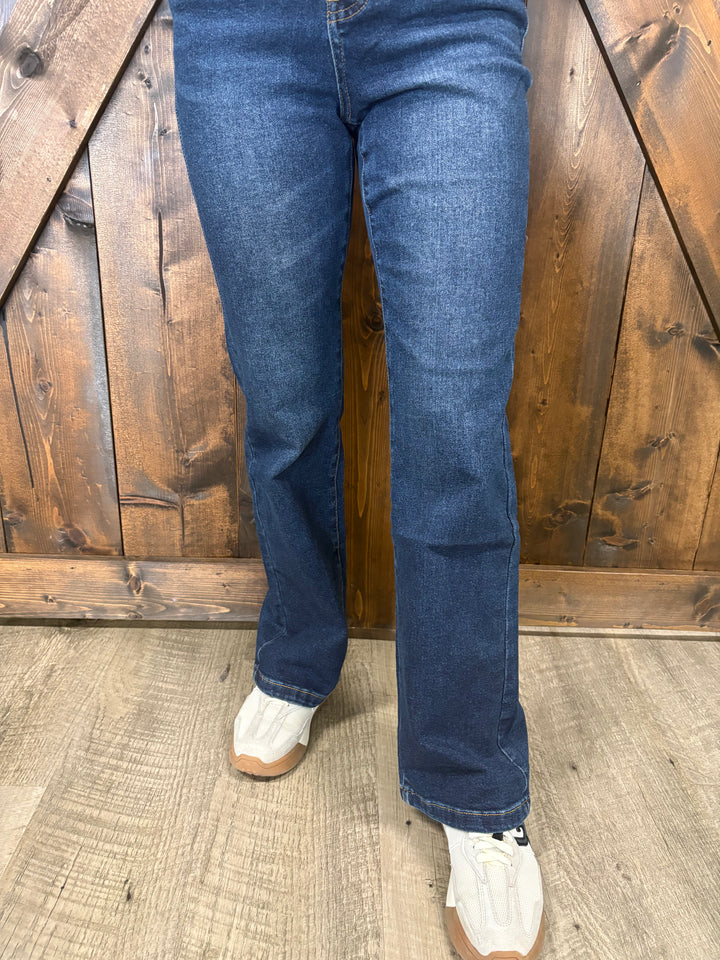 L&B Dark Wash High Rise Vintage Bootcut Jeans W/ Adjustable Waist