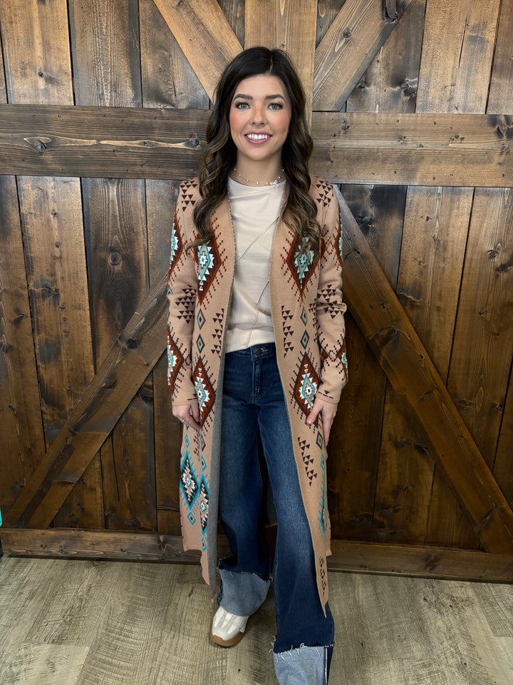 L&B Khaki Aztec Long Sleeve Knitted Cardigan