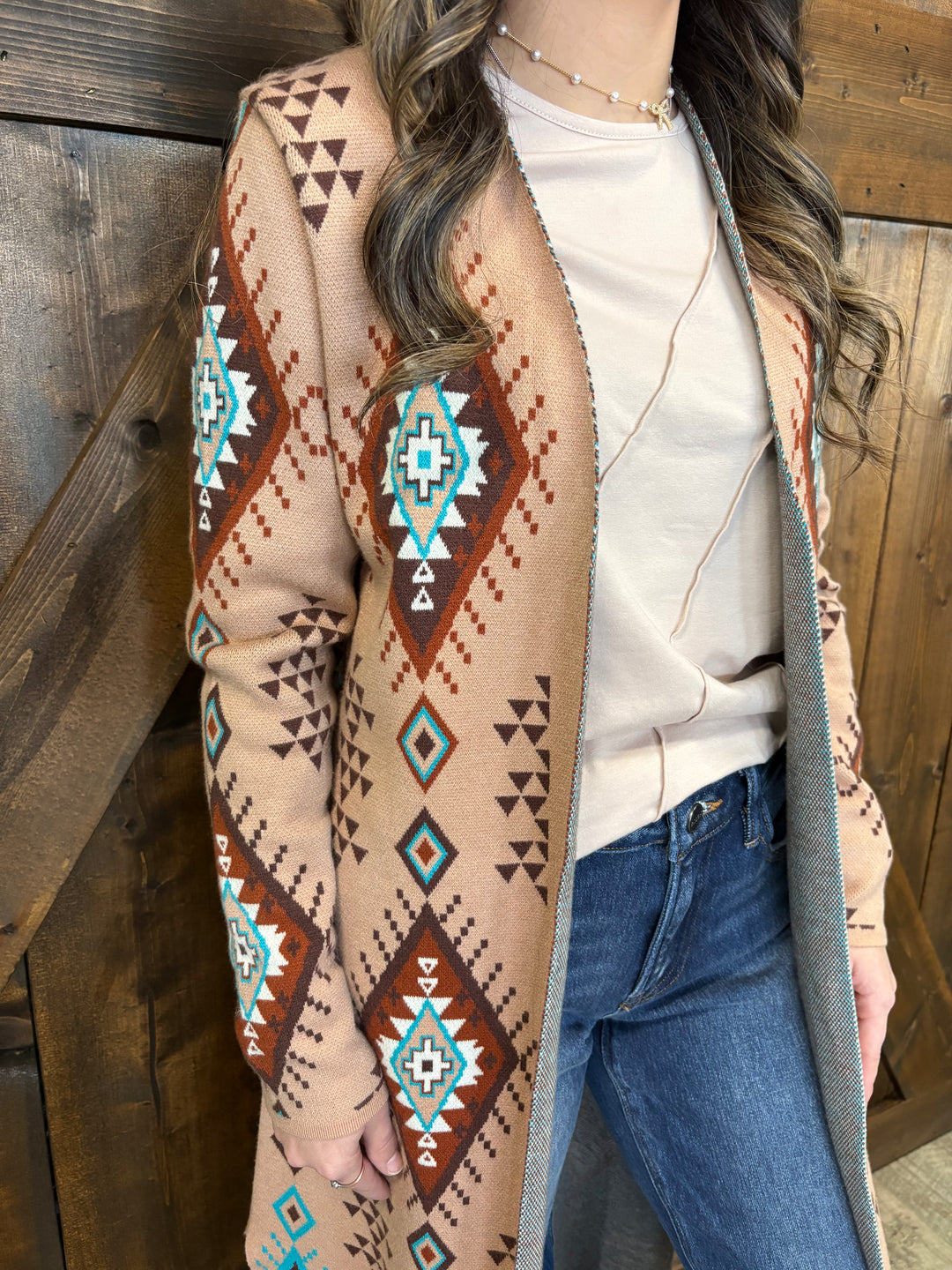 L&B Khaki Aztec Long Sleeve Knitted Cardigan