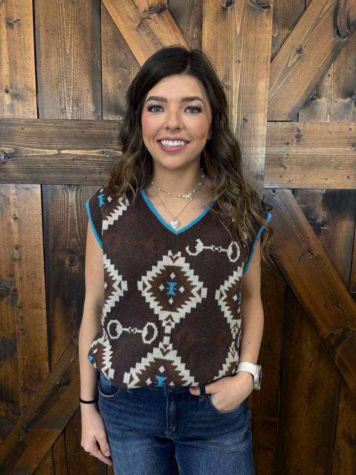 L&B Jade Brown Aztec Knit Vest