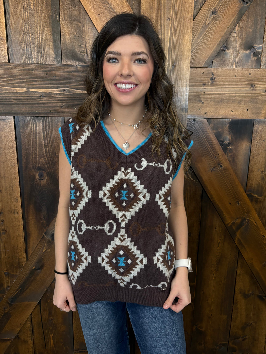 L&B Jade Brown Aztec Knit Vest