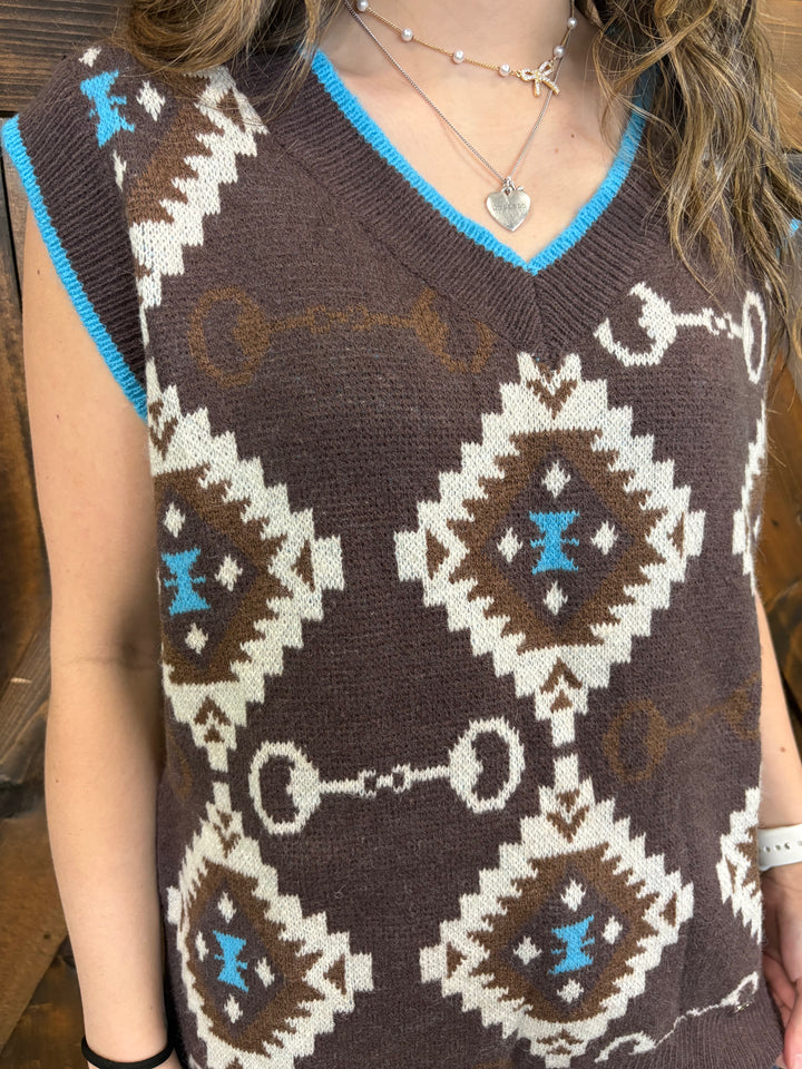 L&B Jade Brown Aztec Knit Vest