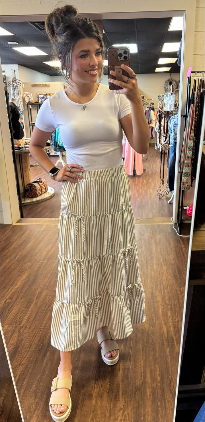 Bow Tie Tiered Taupe Stripe Maxi Skirt*