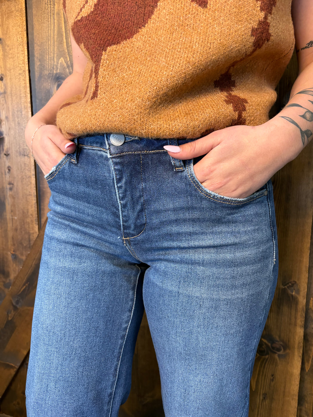 Risen Tummy Control Mid Rise Wide Cuffed Jeans