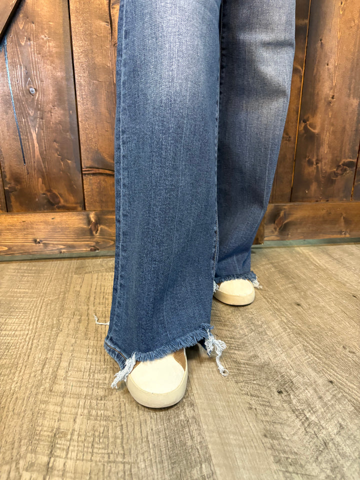 Risen Mid Rise Dark Wash Wide Leg Jeans