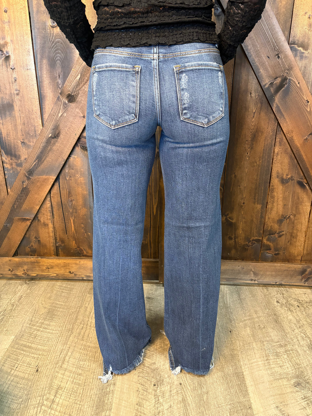 Risen Mid Rise Dark Wash Wide Leg Jeans