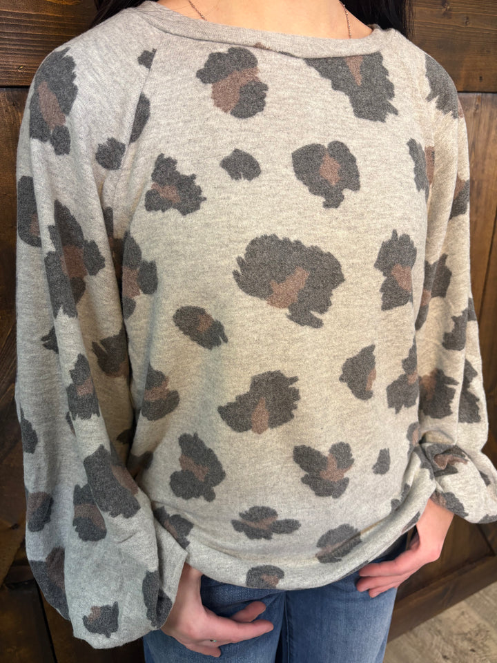 Grey Leopard Print Bubble Sleeve Top