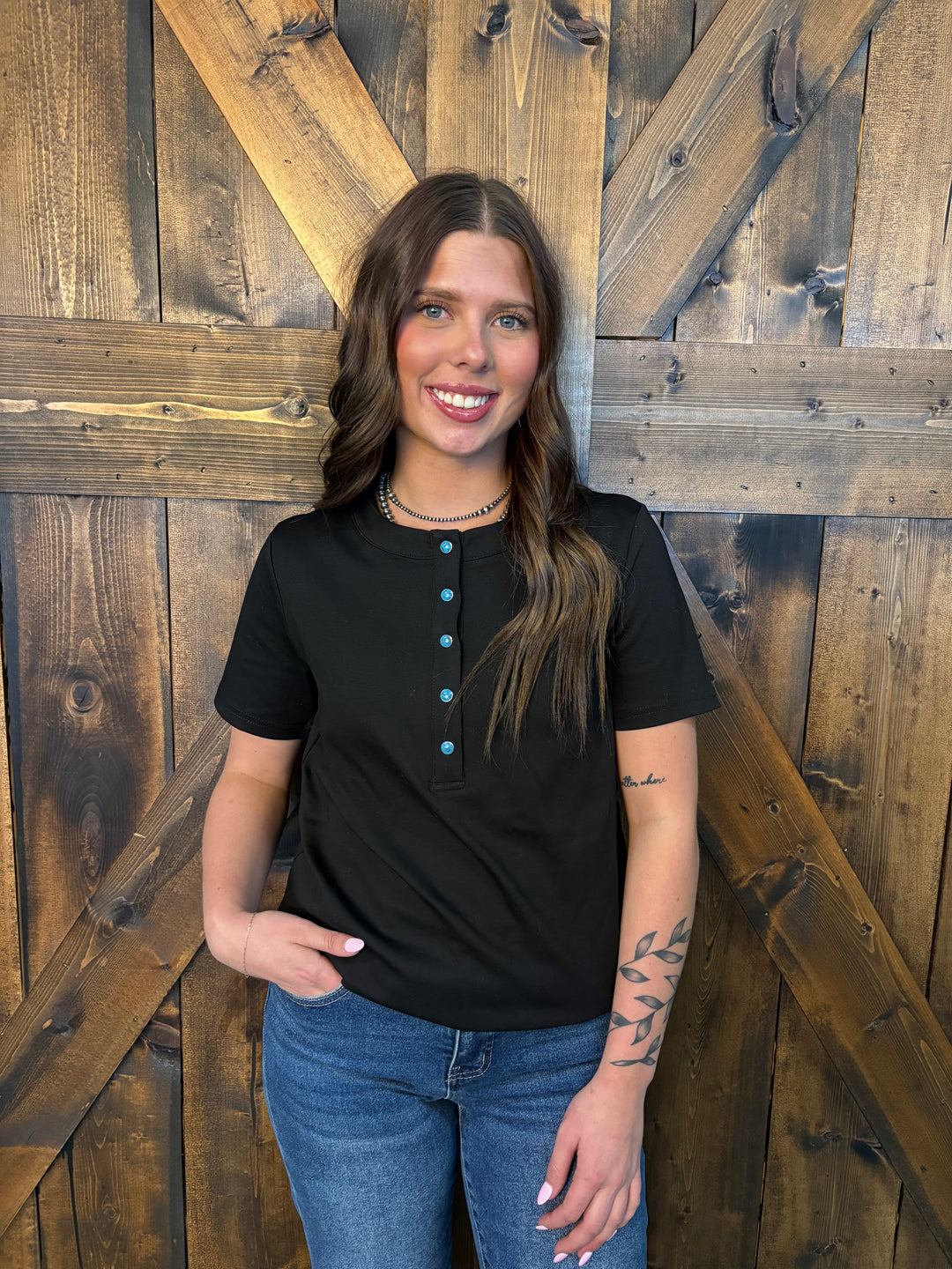 L&B Black Short Sleeve Turquoise Snap Button Down Shirt