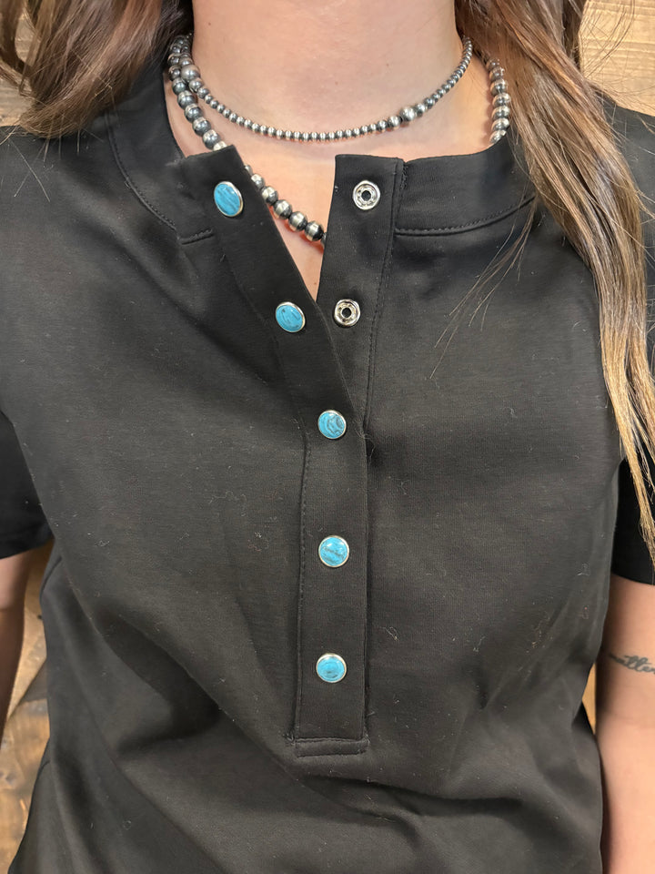 L&B Black Short Sleeve Turquoise Snap Button Down Shirt
