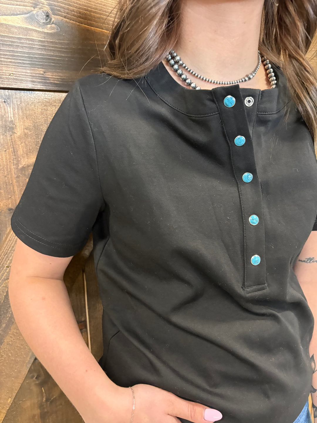 L&B Black Short Sleeve Turquoise Snap Button Down Shirt