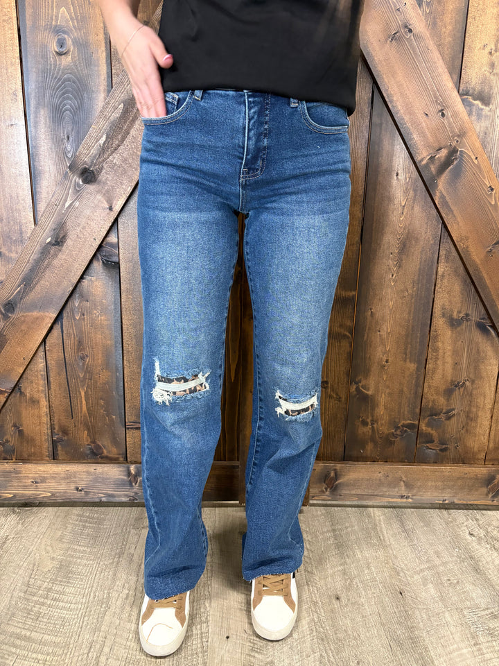 L&B Dark Wash Leopard Patch Boyfriend Jeans