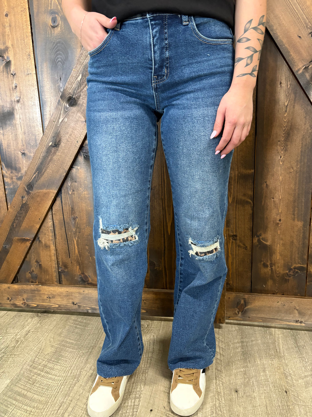L&B Dark Wash Leopard Patch Boyfriend Jeans