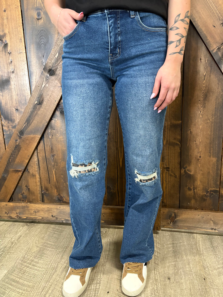 L&B Dark Wash Leopard Patch Boyfriend Jeans