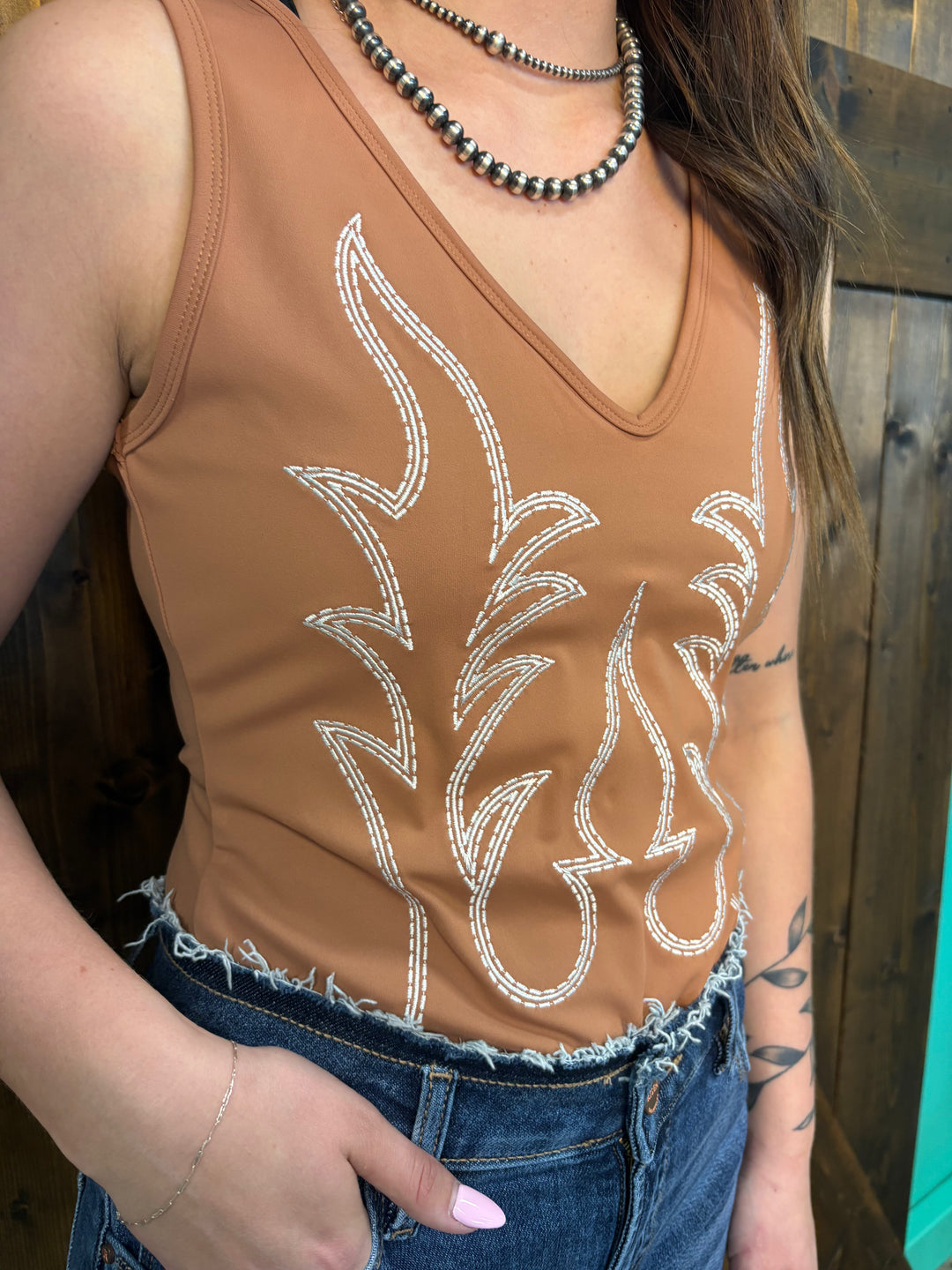 L&B Camel & Ivory Boot Stitch Embroidered Bodysuit