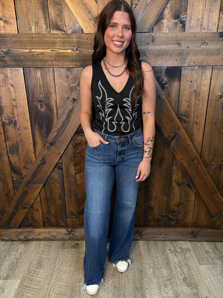 L&B Black & Ivory Boot Stitch Embroidered Bodysuit