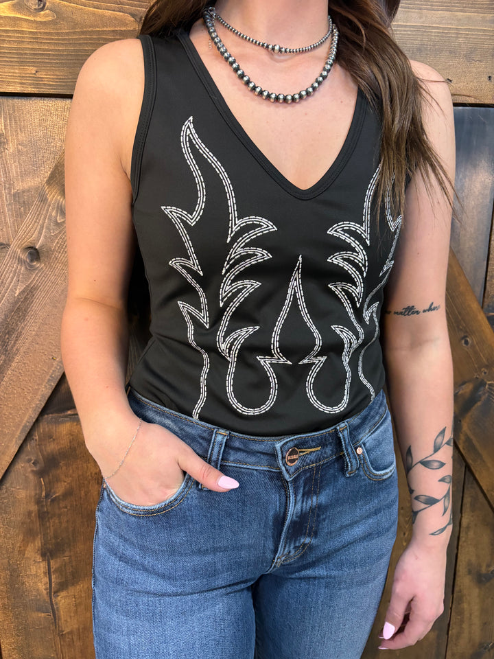 L&B Black & Ivory Boot Stitch Embroidered Bodysuit