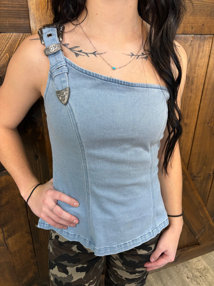 L&B Light Wash One Shoulder Denim Top