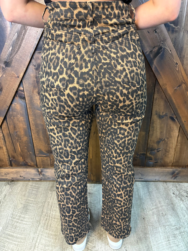 Denim Leopard Print Straight Leg Jeans