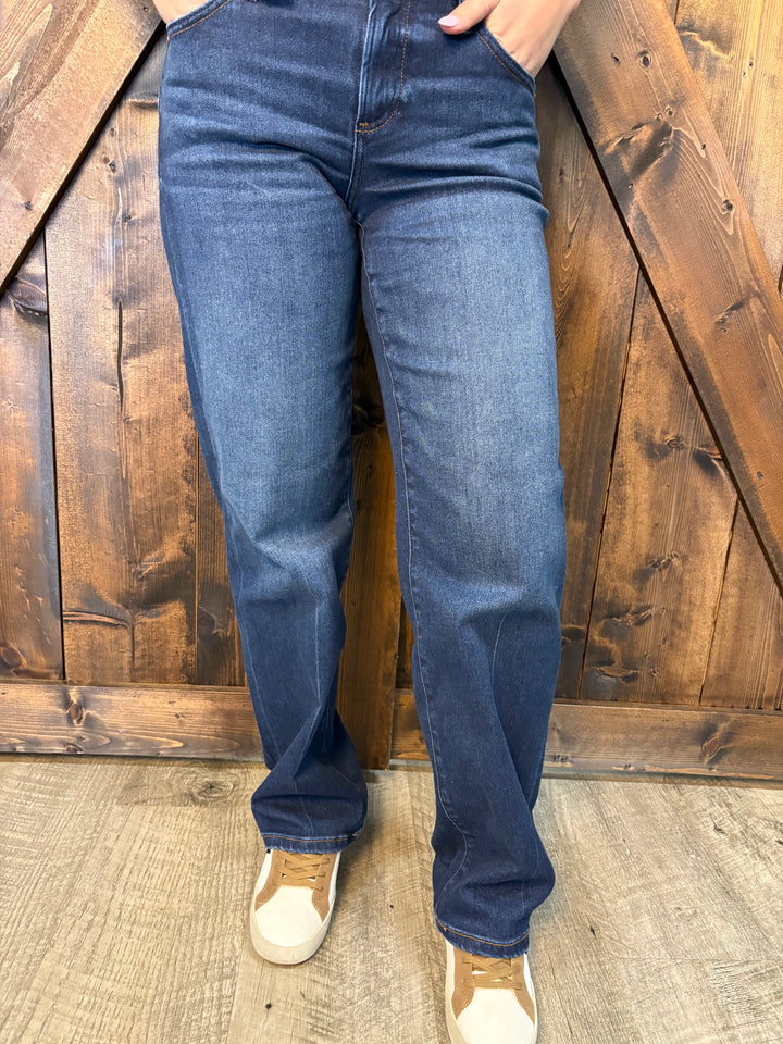 Risen Dark Wash Mid Rise Wide Baggy Jeans