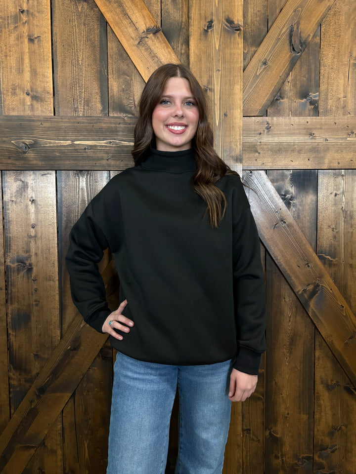 Black High Mock Neck Loose Fit Sweatshirt