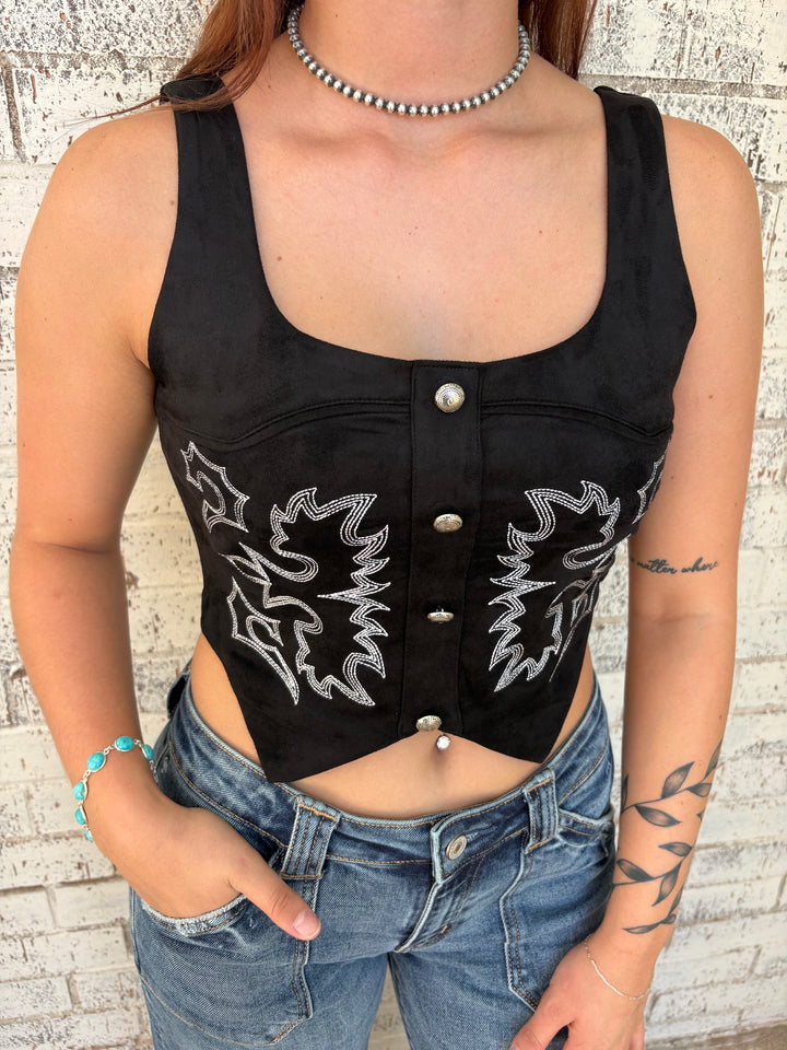 Black Suede Boot Stitch Embroidered Corset Top