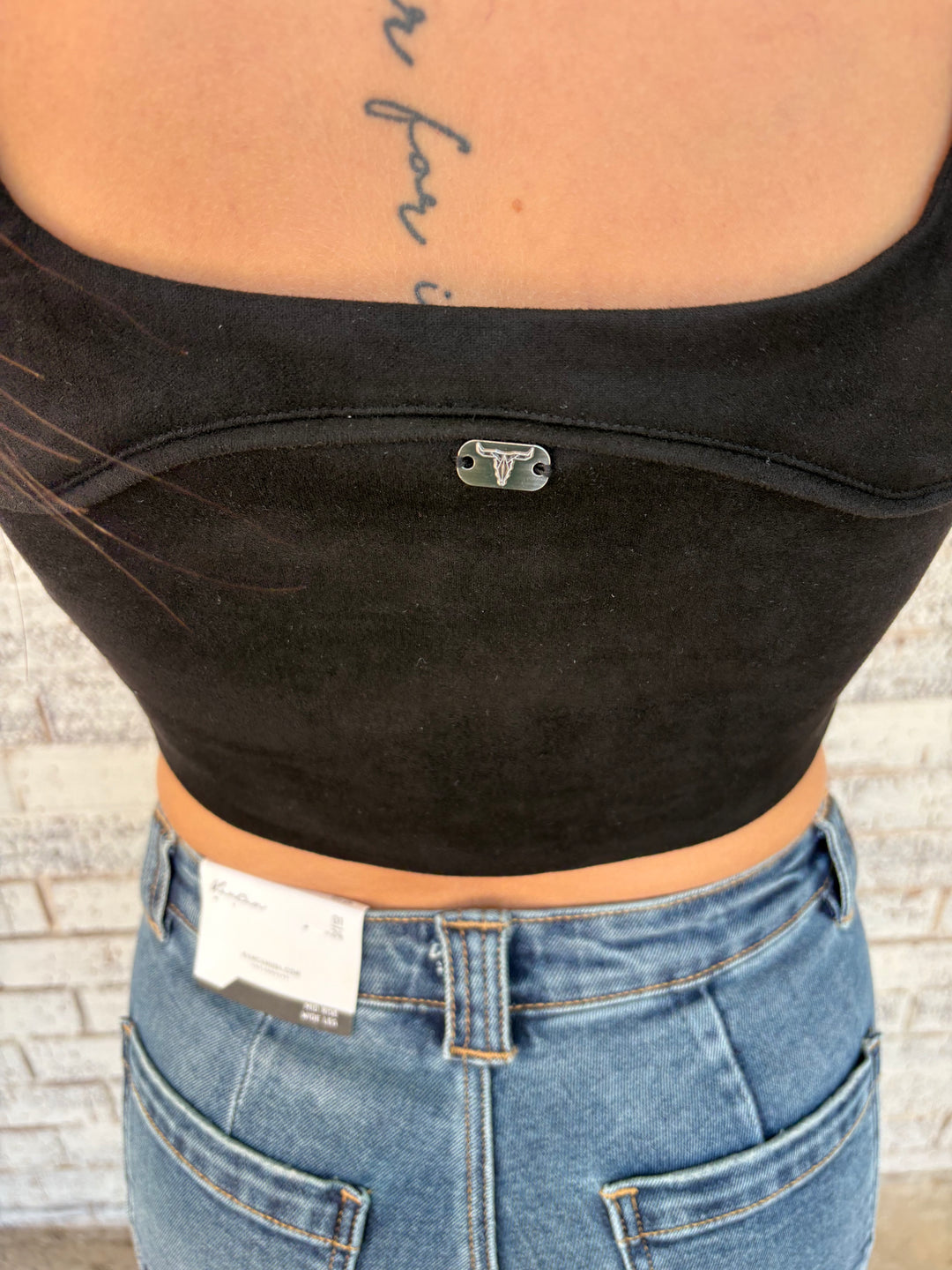 Black Suede Boot Stitch Embroidered Corset Top