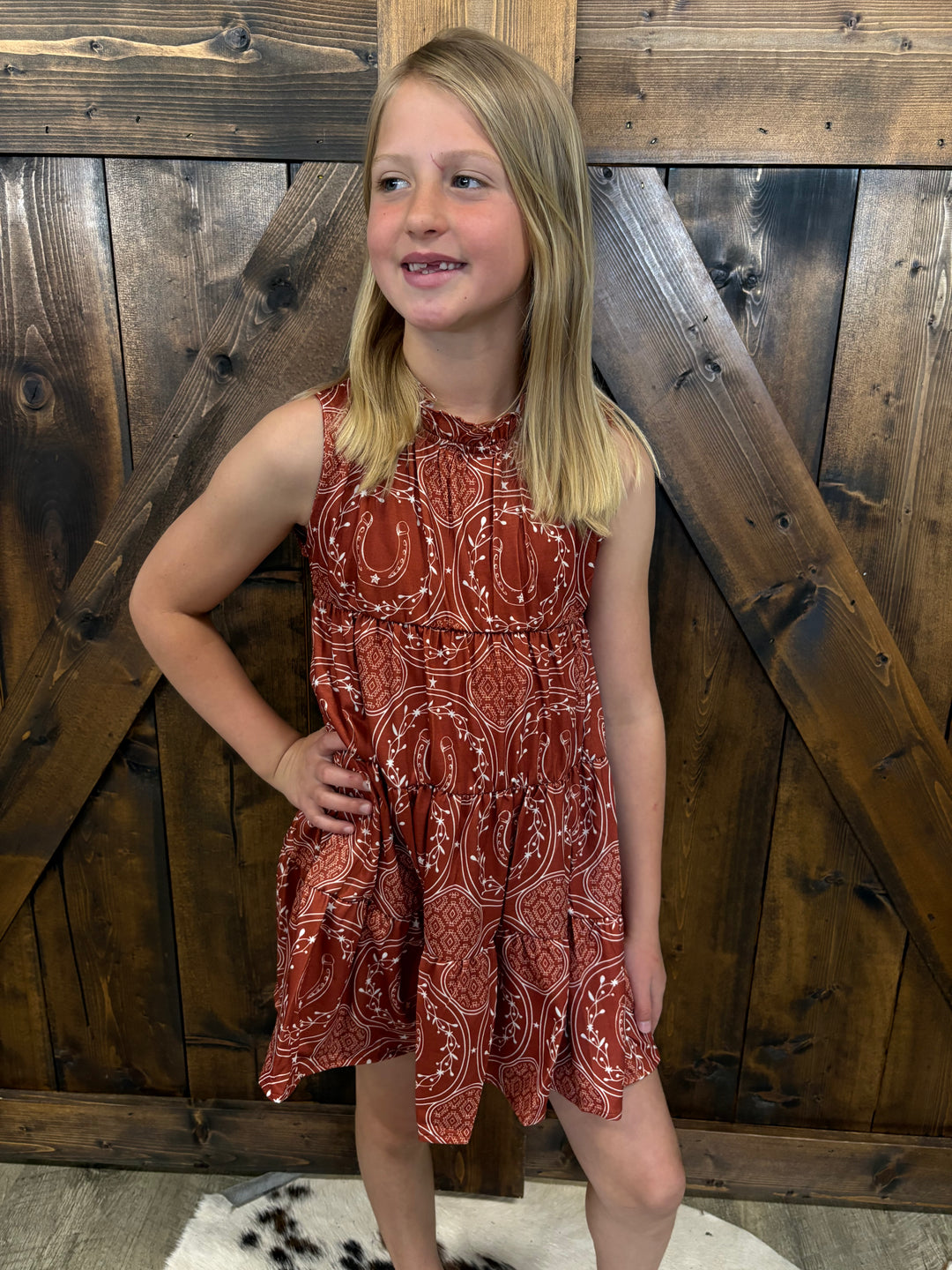 KIDS L&B Rust Horseshoe Aztec Printed Sleeveless Dress