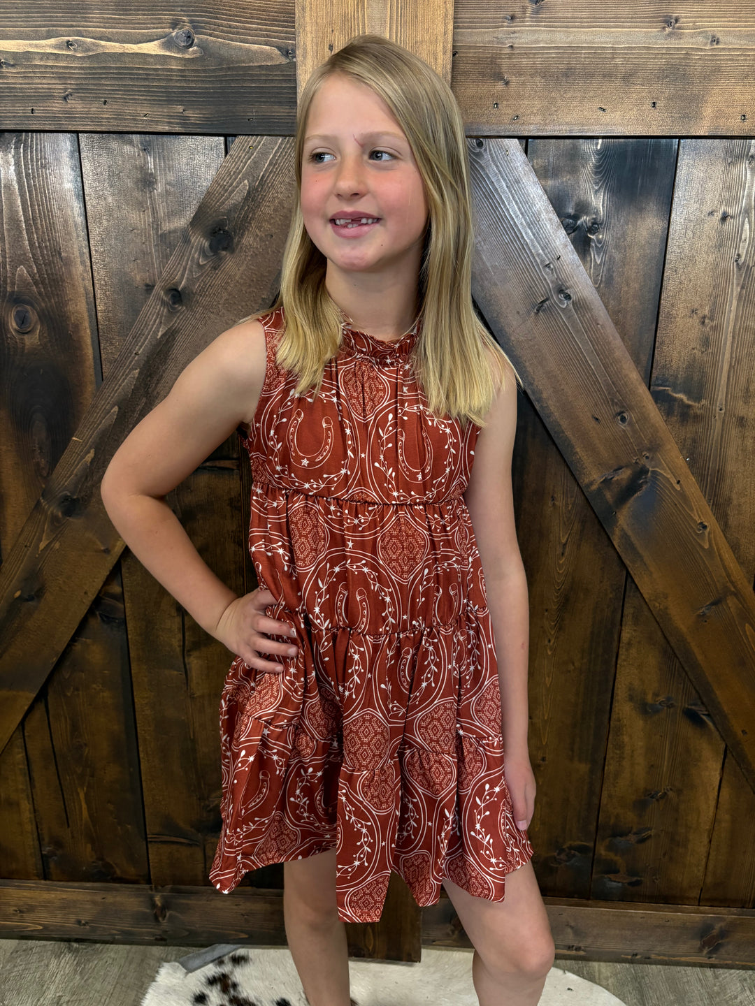 KIDS L&B Rust Horseshoe Aztec Printed Sleeveless Dress