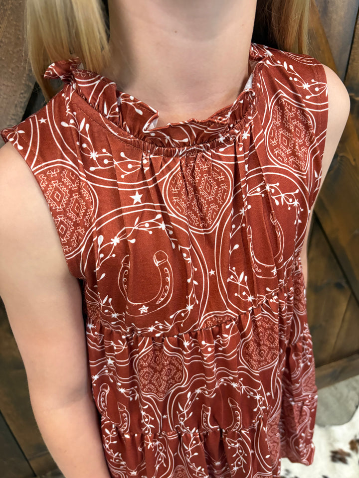 KIDS L&B Rust Horseshoe Aztec Printed Sleeveless Dress