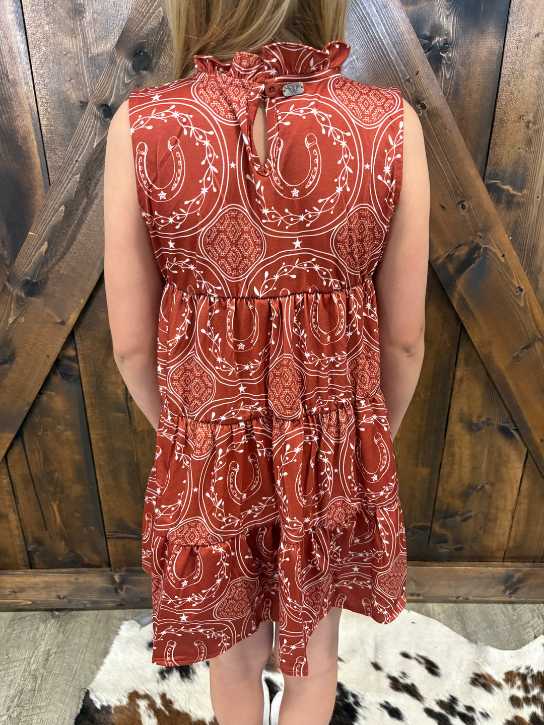 KIDS L&B Rust Horseshoe Aztec Printed Sleeveless Dress
