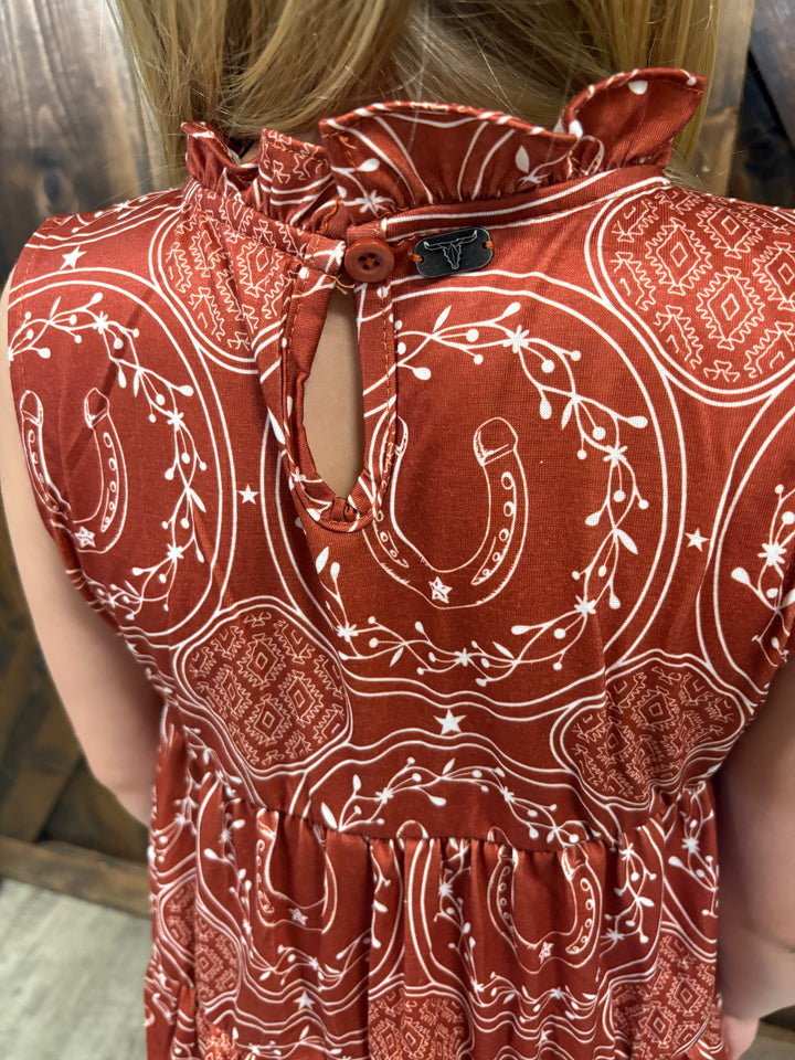 KIDS L&B Rust Horseshoe Aztec Printed Sleeveless Dress