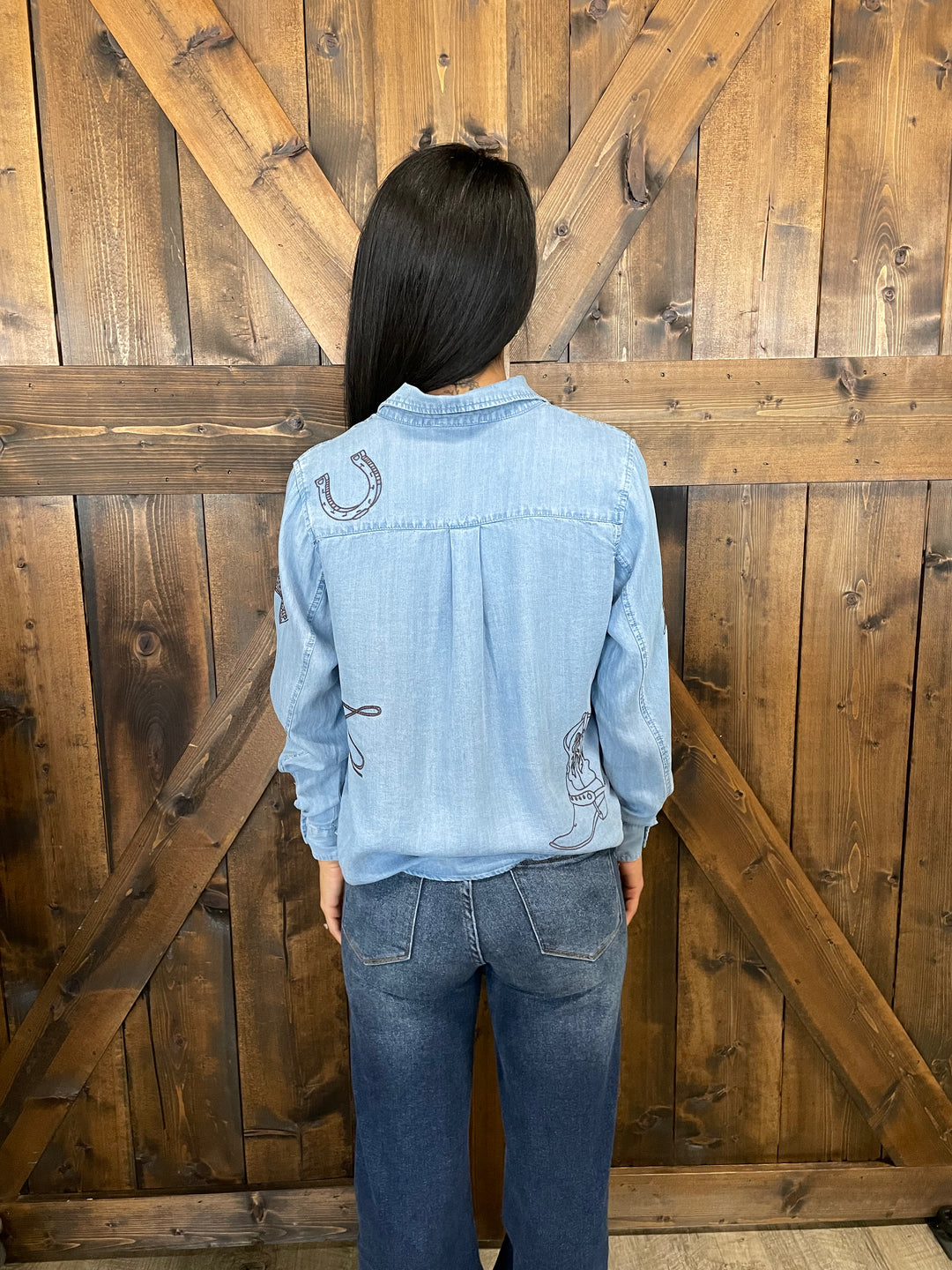 Western Denim Embroidered Snap Button Top