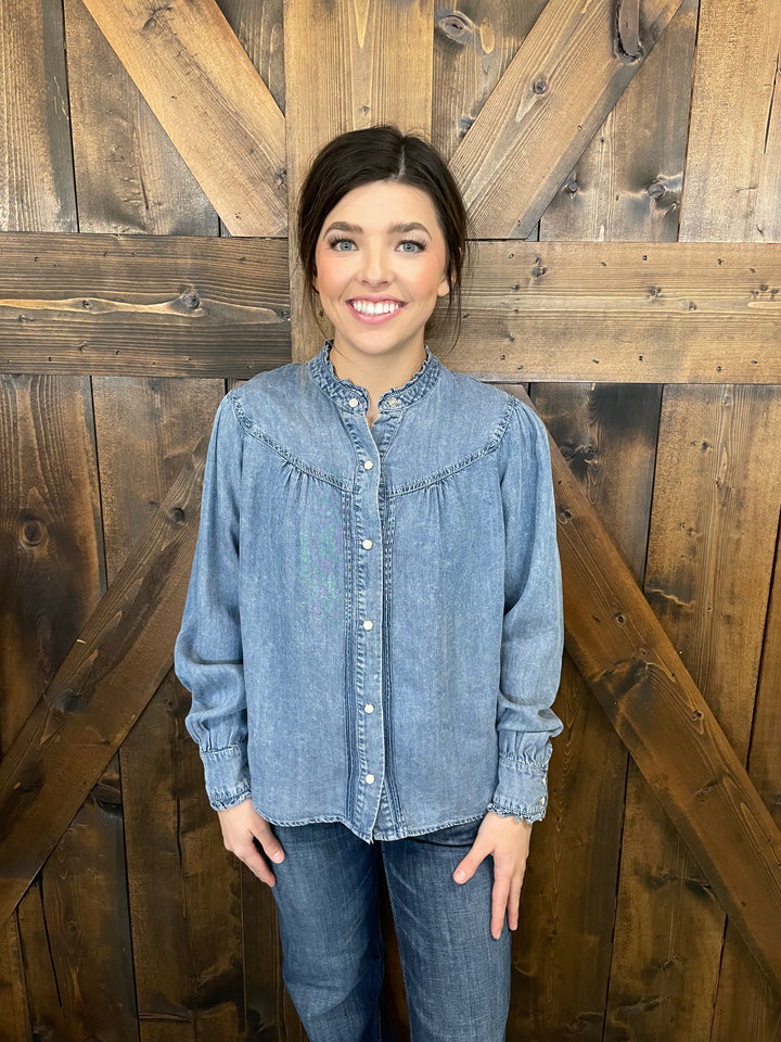 Denim Ruffle Neck Snap Button Top